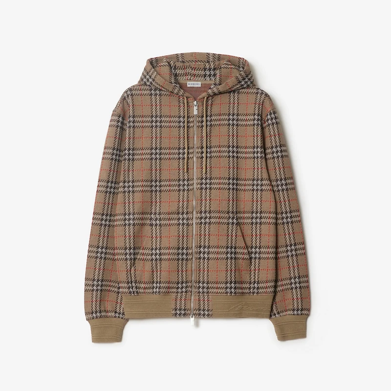Check Cotton Blend Zip Hoodie in Nut - Men | Burberry® Official