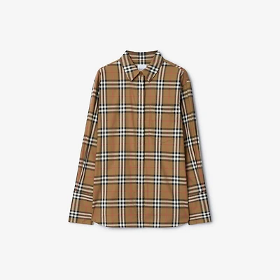 Regular Fit Check Stretch Cotton Shirt in Taupe brown - Women | Burberry® Official