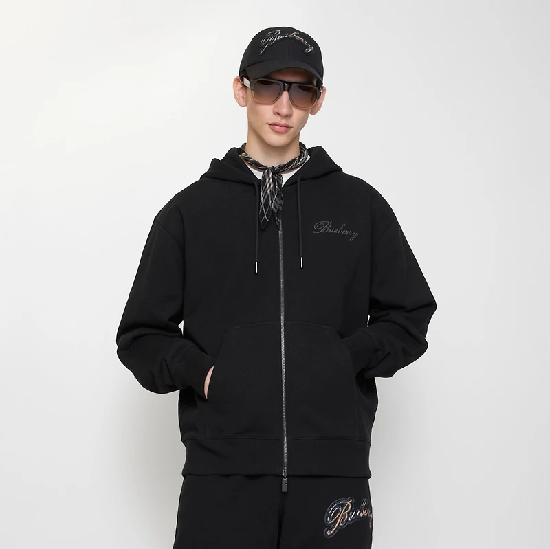 Check Cursive Logo Cotton Zip Hoodie in Black - Men | Burberry® Official