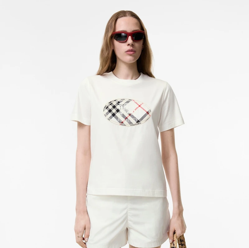 Check Knight Stamp Cotton T-shirt in Chalk white - Women | Burberry® Official