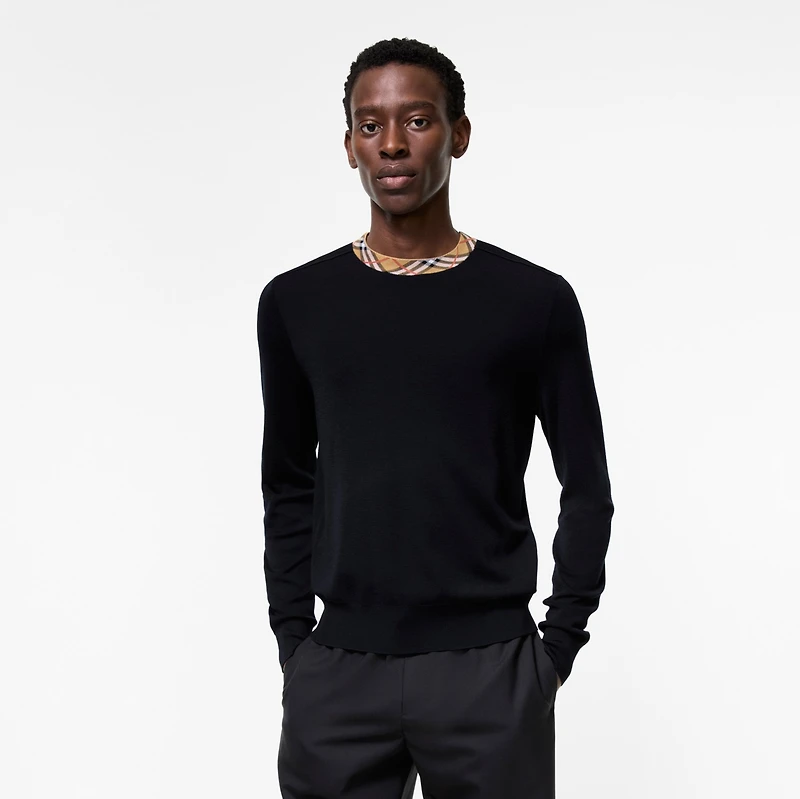Check Trim Wool Sweater in Navy - Men | Burberry® Official