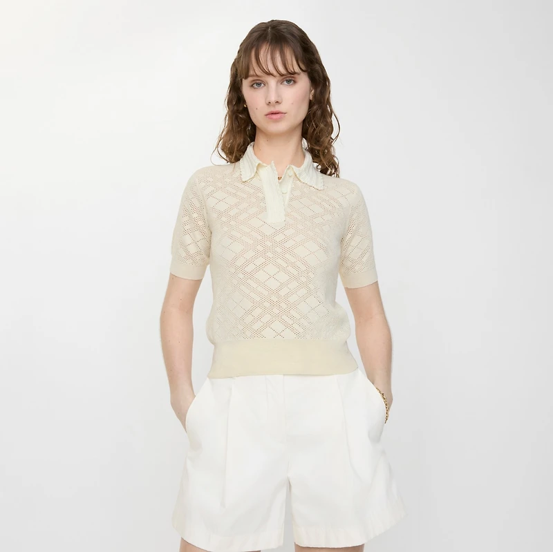 Check Wool Silk Polo Shirt in Ceramic white - Women | Burberry® Official