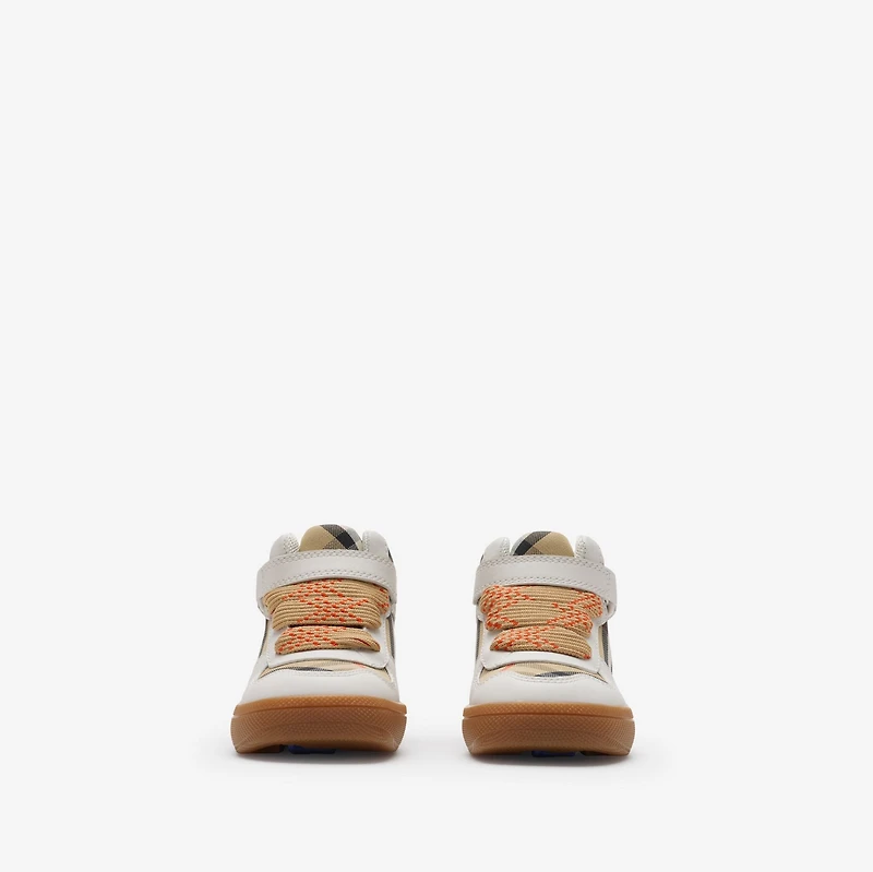 Check and Leather High-top Sneakers in Sand