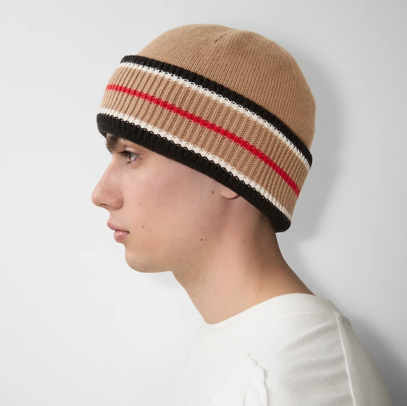 Reversible Icon Stripe Cashmere Cotton Beanie in Black/camel - Women | Burberry® Official