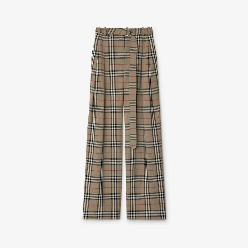 Check Silk Blend Belted Trousers in Limestone - Women, Nylon | Burberry® Official