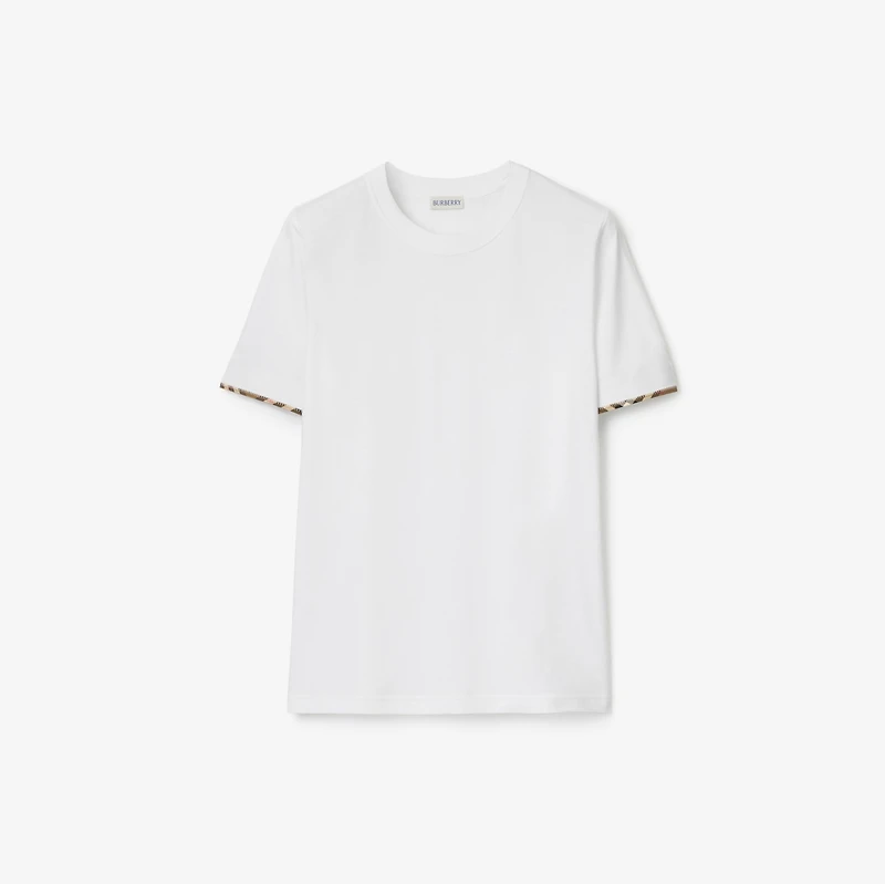Check Trim Cotton T-shirt in White - Women | Burberry® Official