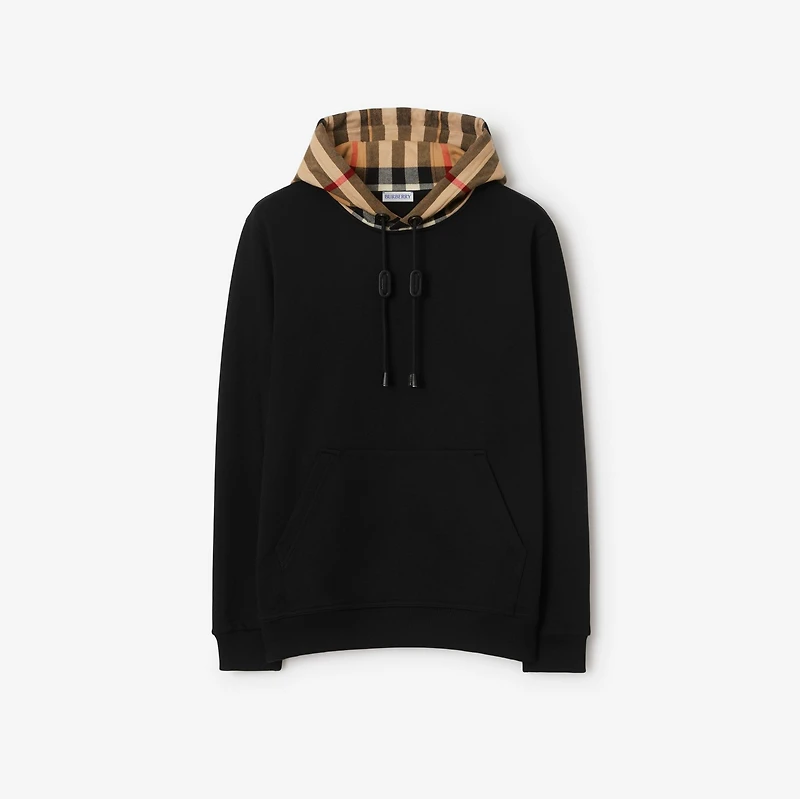 Check Hood Cotton Hoodie in Black - Men | Burberry® Official