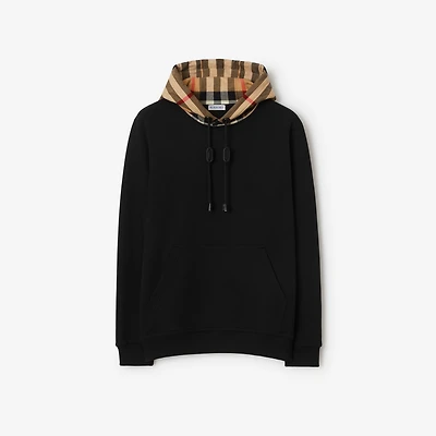 Check Hood Cotton Hoodie in Black - Men | Burberry® Official