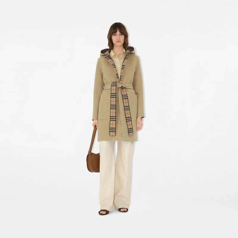Reversible Wool Hooded Wrap Coat in Sand - Women | Burberry® Official