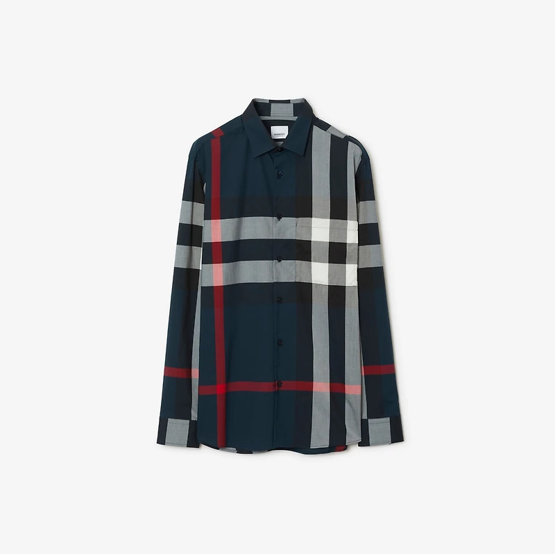 Slim Fit Check Cotton Shirt in Navy