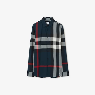 Slim Fit Check Cotton Shirt in Navy
