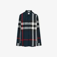 Slim Fit Check Cotton Shirt in Navy
