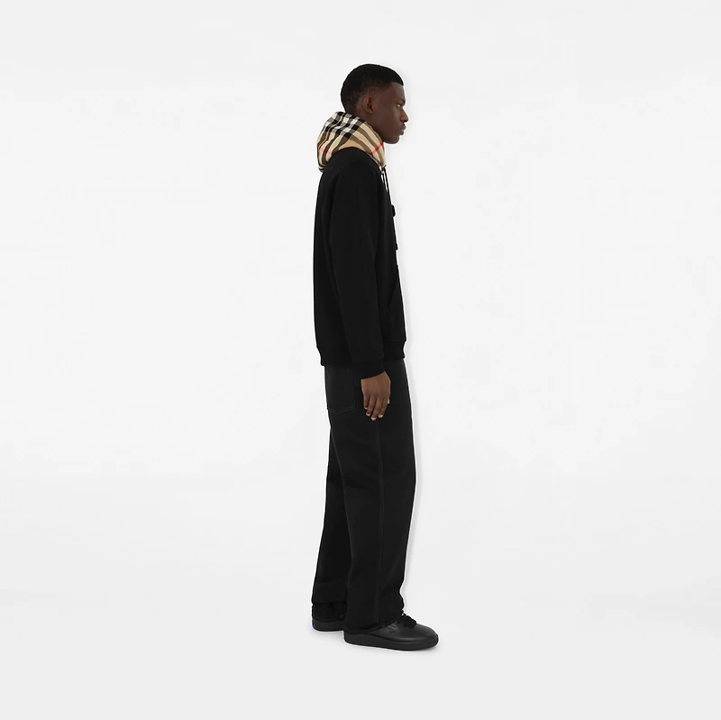 Check Hood Cotton Blend Hoodie in Black/birch brown - Men | Burberry® Official