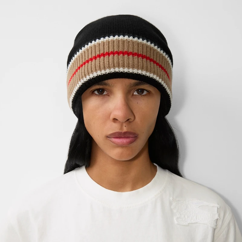 Reversible Icon Stripe Cashmere Cotton Beanie in Black/camel - Women | Burberry® Official