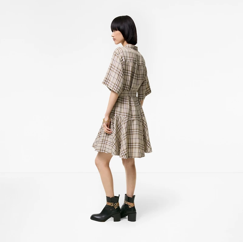 Check Linen Blend Dress in Sesame beige - Women | Burberry® Official