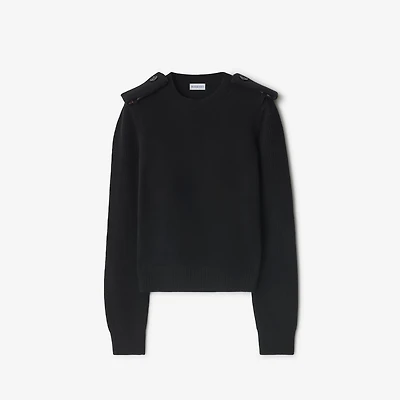 Check Epaulette Wool Cashmere Blend Sweater in Black - Women | Burberry® Official