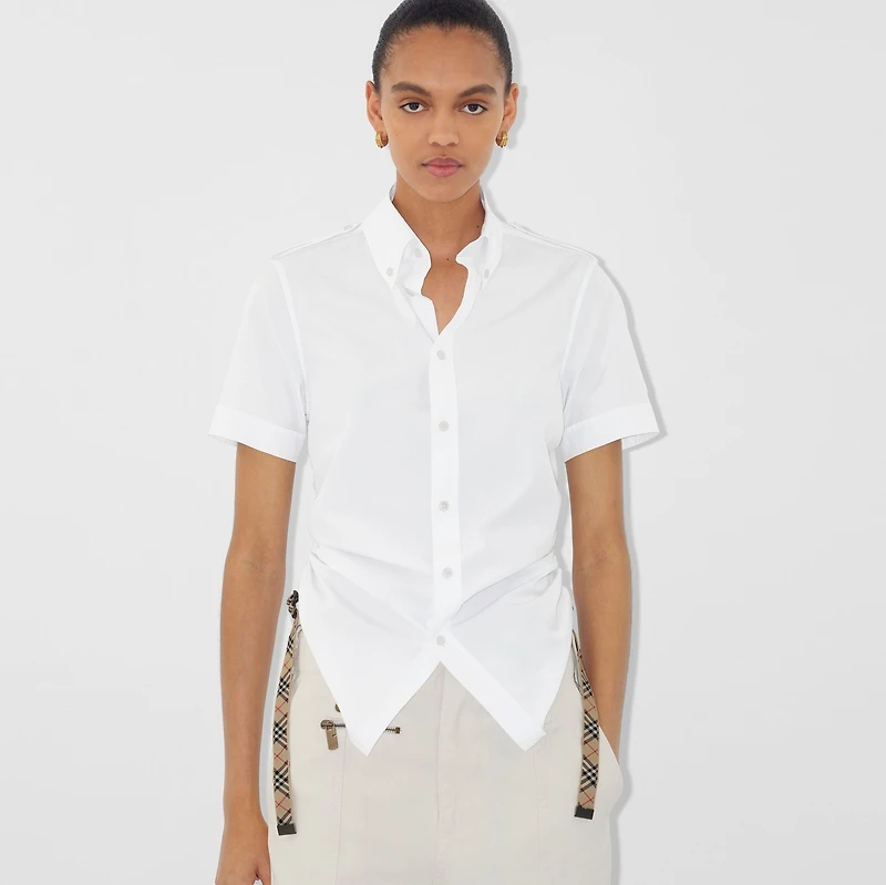 Check Trim Cotton Shirt in Optic white - Women | Burberry® Official
