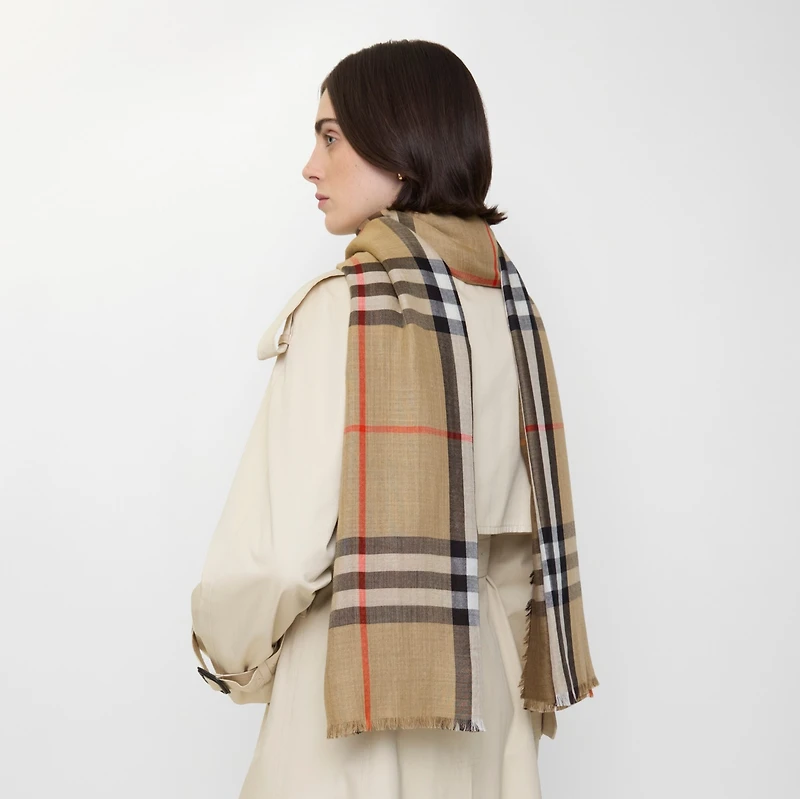 Reversible Check Wool Silk Scarf in Sand beige/vole brown | Burberry® Official
