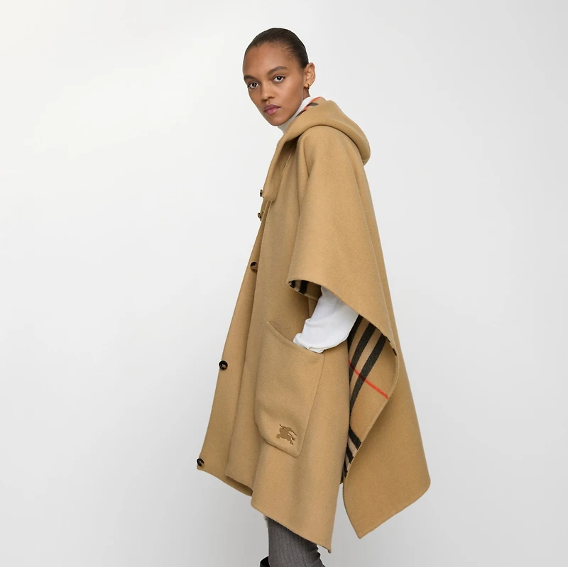 Reversible Shearling Trim Check Cashmere Cape in Sand beige | Burberry® Official