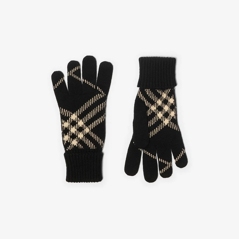 Check Cashmere Blend Gloves in Black/calico beige - Men | Burberry® Official
