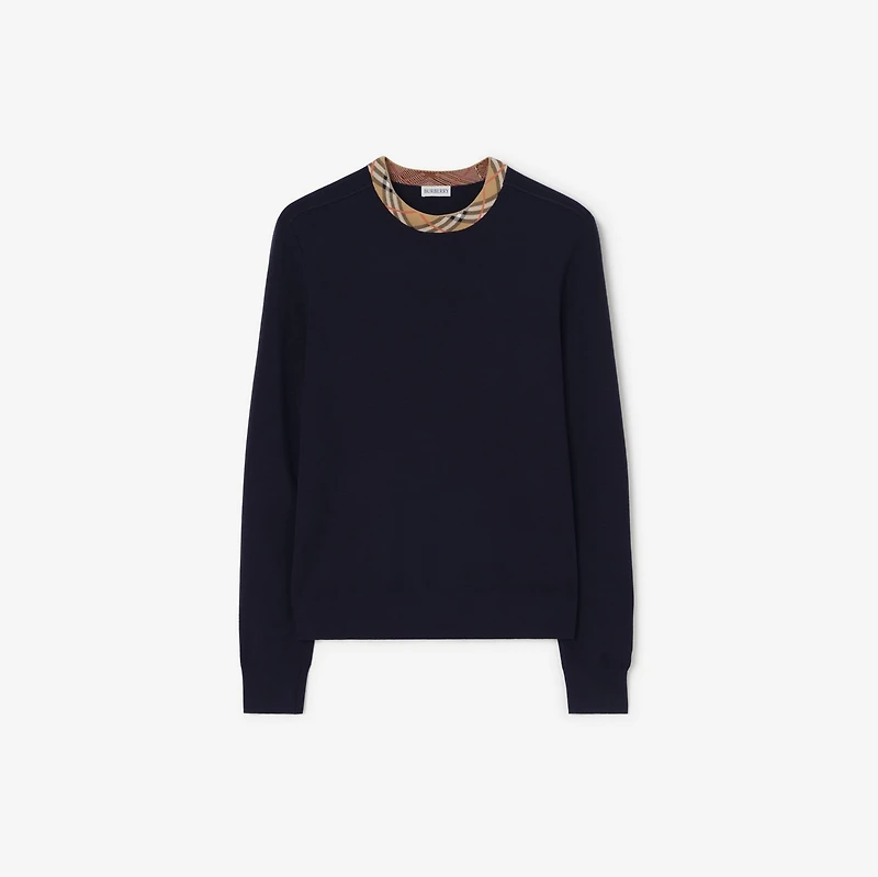 Check Trim Wool Sweater in Navy - Men | Burberry® Official