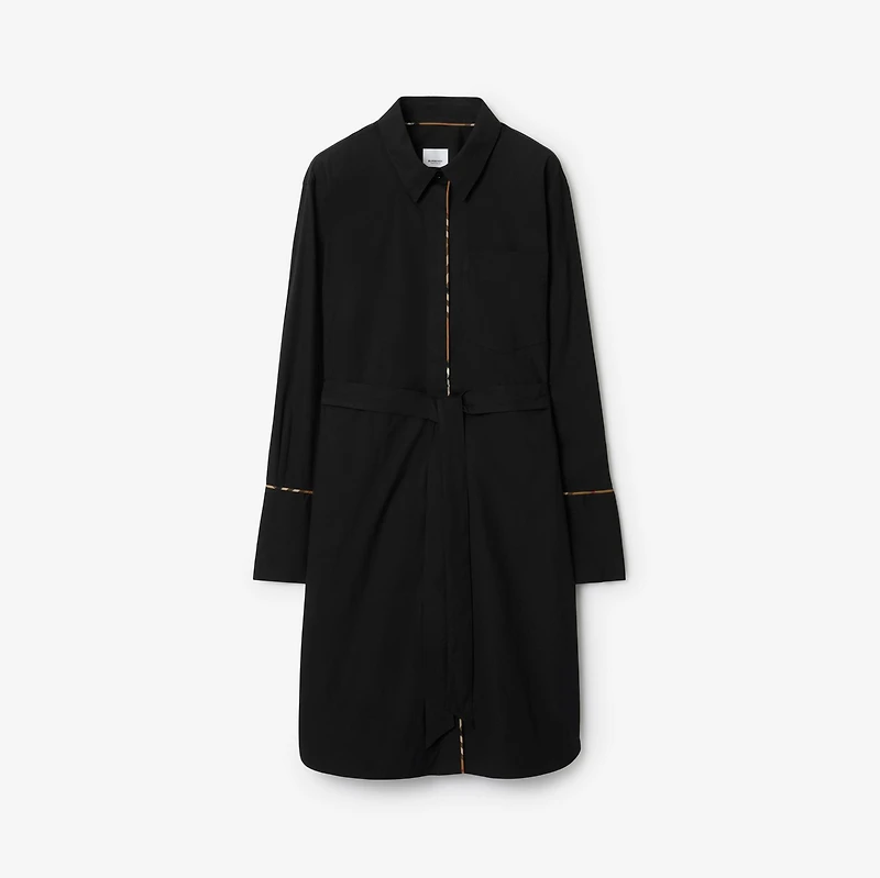 Check Trim Stretch Cotton Shirt Dress in Black - Women | Burberry® Official