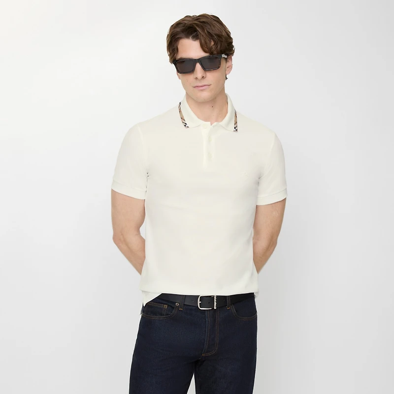 Check Trim Cotton Polo Shirt in Chalk white - Men | Burberry® Official