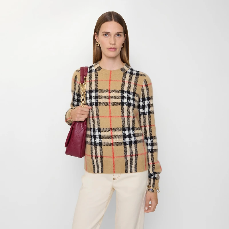 Check Cashmere Wool Sweater in Sand beige - Women | Burberry® Official
