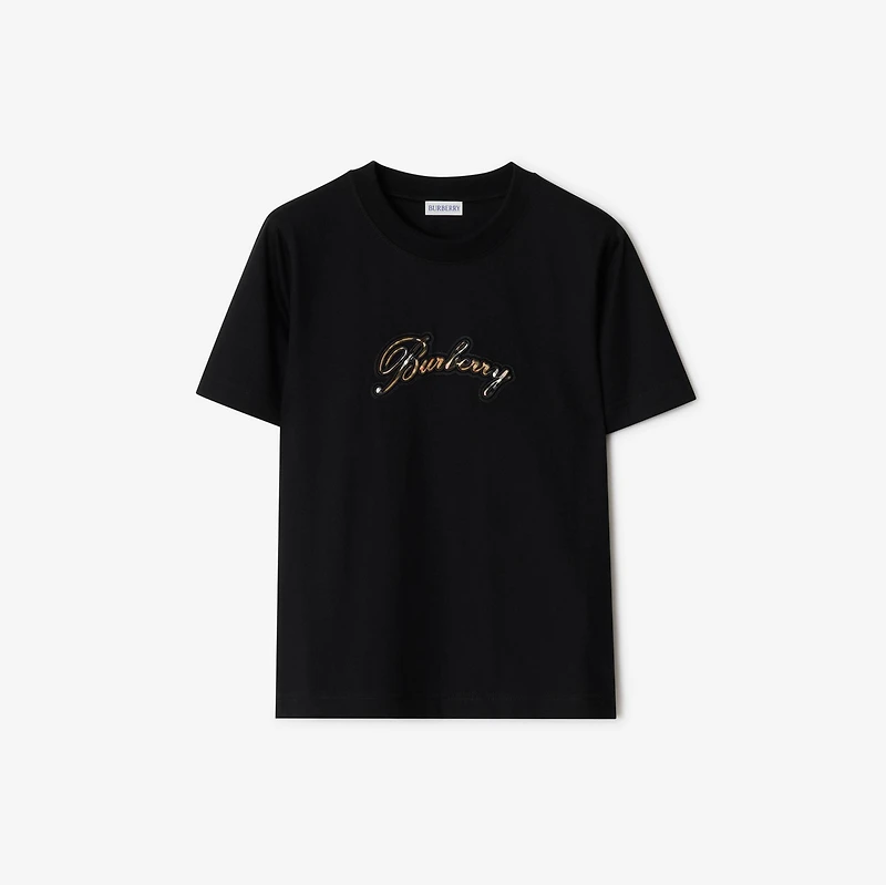 Check Cursive Logo Cotton T-shirt in Black - Women | Burberry® Official