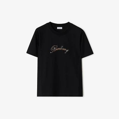 Check Cursive Logo Cotton T-shirt in Black - Women | Burberry® Official