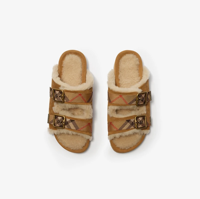 Check Shearling Urchin Sandals in Jute beige - Women | Burberry® Official