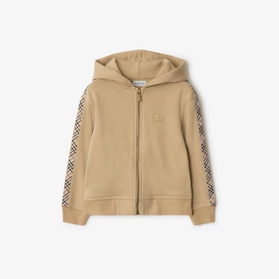 Check Trim Cotton Zip Hoodie in Sand beige | Burberry® Official