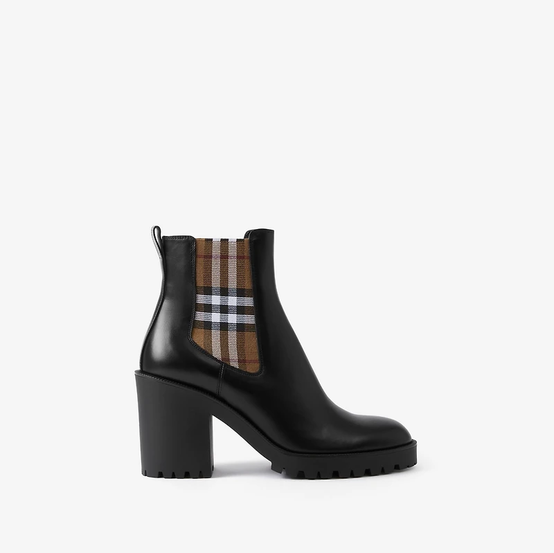 Check Panel Leather Ankle Boots in Black - Women | Burberry® Official