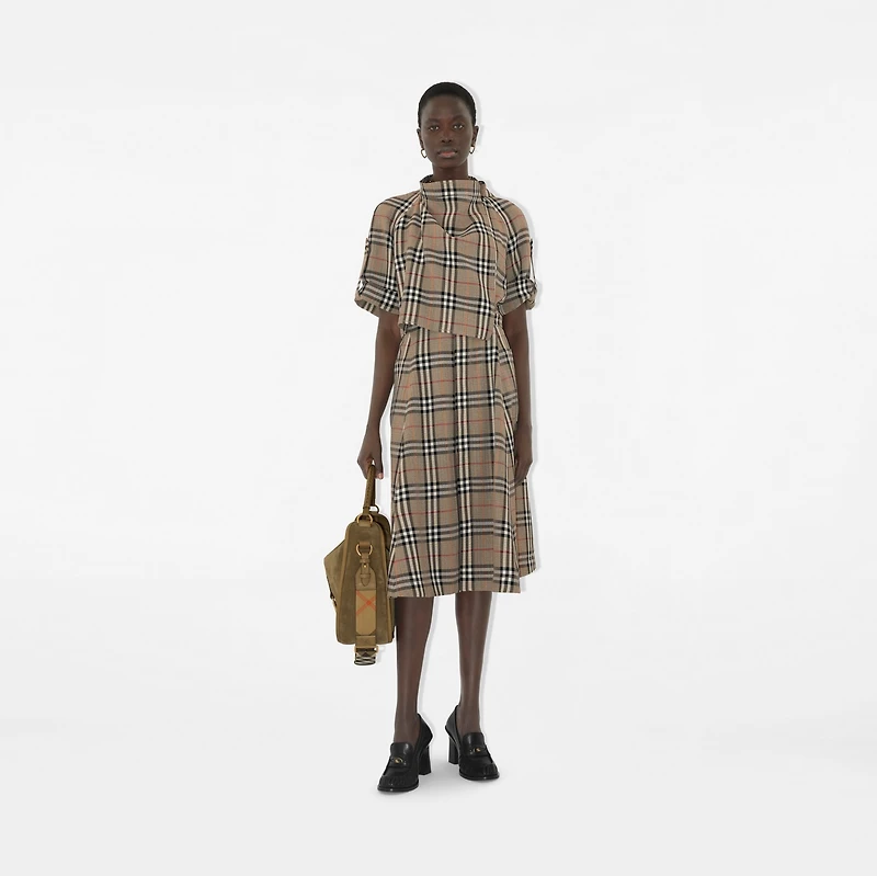 Check Silk Blend Trench Dress in Limestone - Women, Nylon | Burberry® Official
