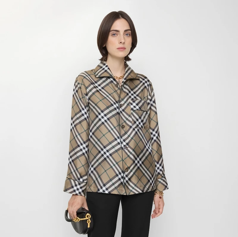 Check Silk Pyjama Shirt in Linden beige - Women | Burberry® Official