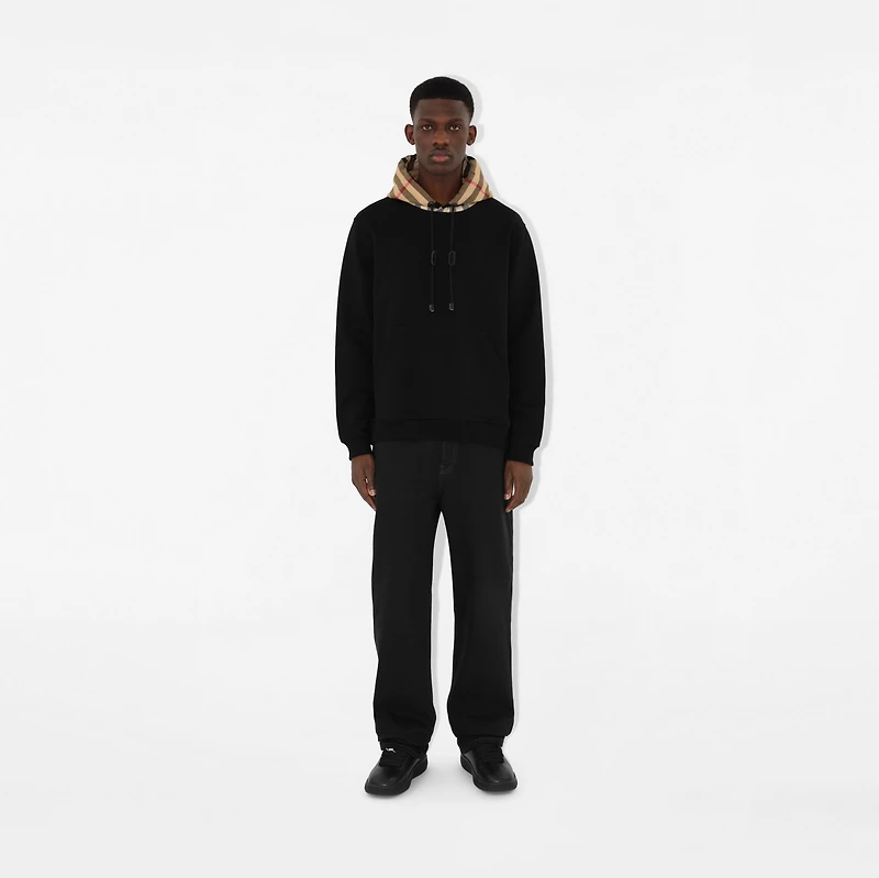 Check Hood Cotton Hoodie in Black - Men | Burberry® Official