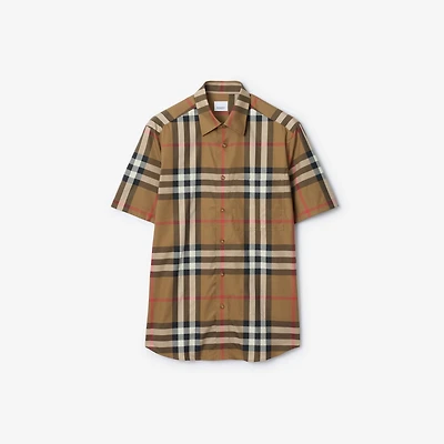 Regular Fit Check Stretch Cotton Poplin Shirt in Taupe brown - Men | Burberry® Official