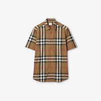 Regular Fit Check Stretch Cotton Poplin Shirt in Taupe brown - Men | Burberry® Official