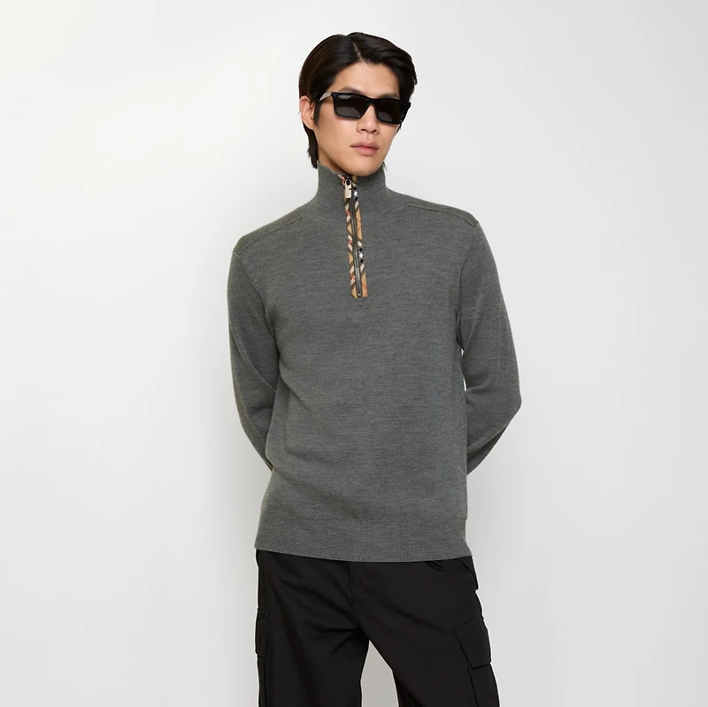 Check Trim Wool Half-zip Sweater in Grey - Men, Cashmere | Burberry® Official