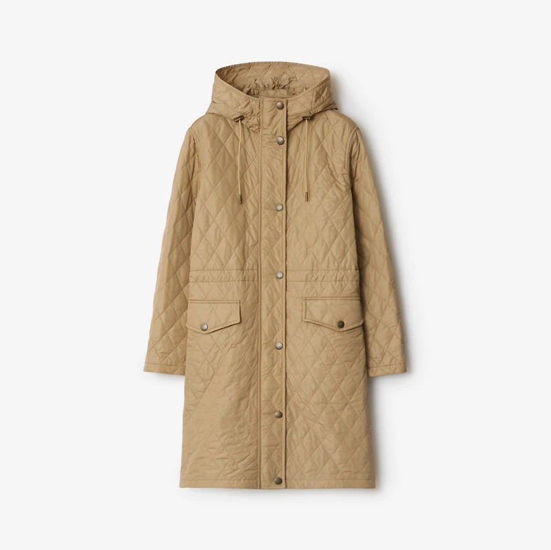 Quilted Nylon Hooded Coat in Flax beige - Women | Burberry® Official