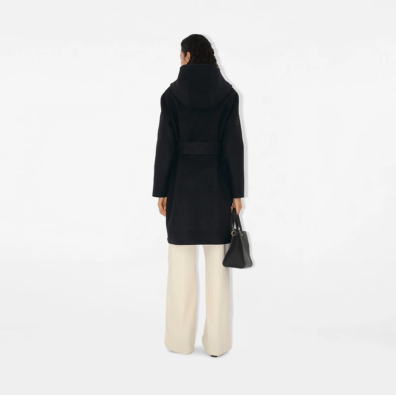 Reversible Wool Hooded Wrap Coat in Navy/Glacier - Women | Burberry® Official