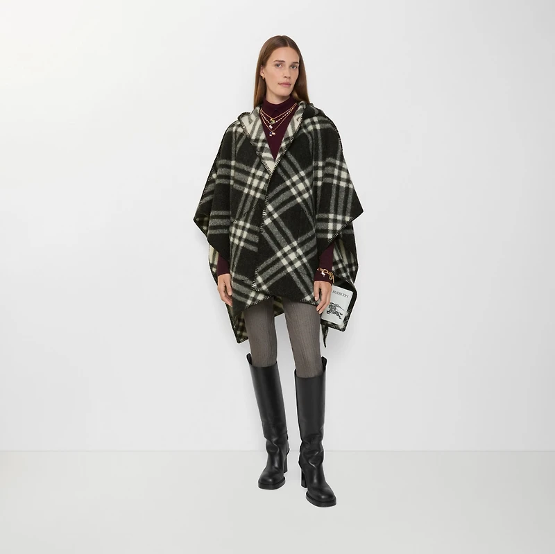 Reversible Check Wool Hooded Cape in Black beige/ecru beige | Burberry® Official