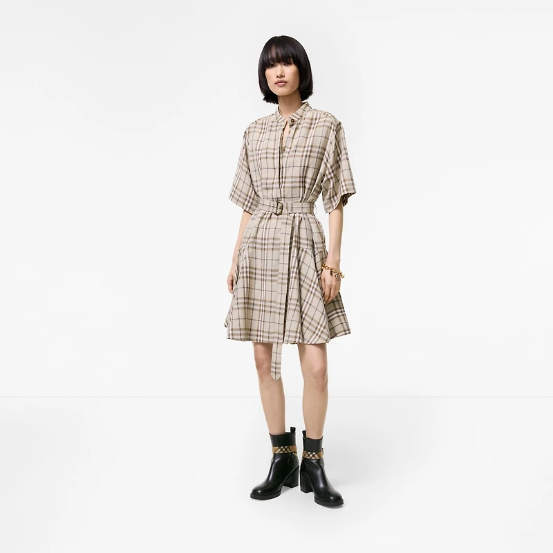 Check Linen Blend Dress in Sesame beige - Women | Burberry® Official