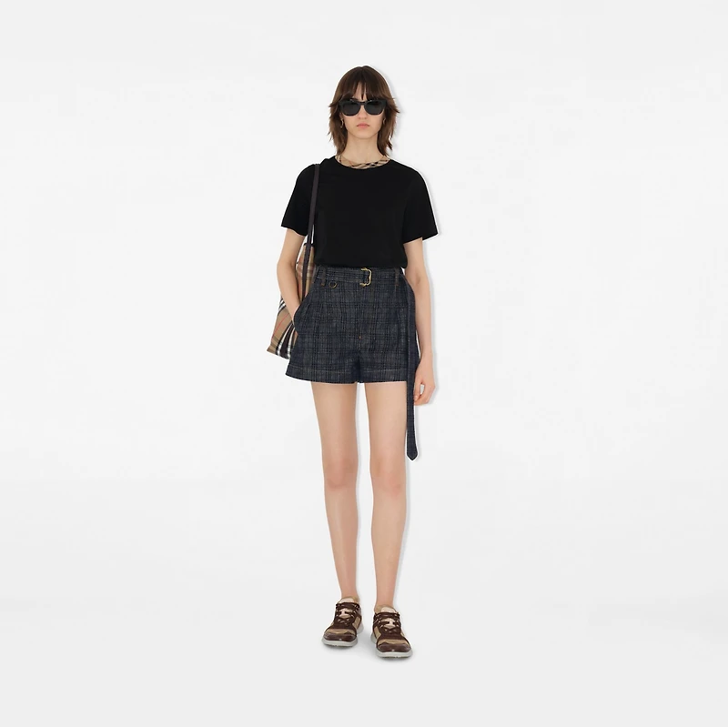 Belted Check Denim Shorts in Indigo - Women, Cotton | Burberry® Official