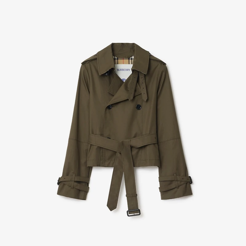 Cropped Tropical Gabardine Trench Jacket in Juniper green - Women, Cotton | Burberry® Official