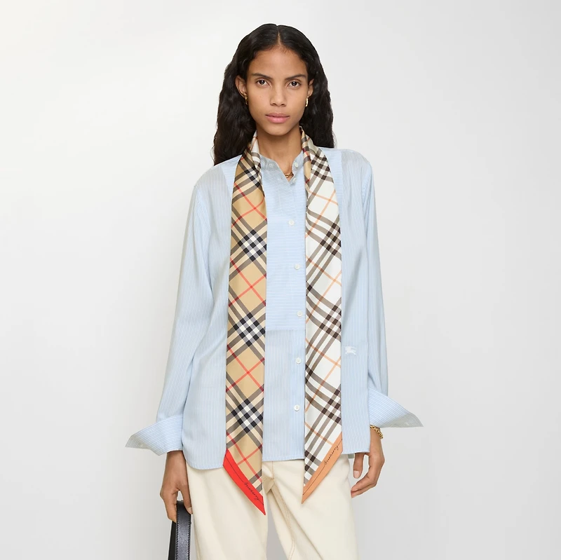 Skinny Contrast Check Silk Scarf in Sand beige/pebble white | Burberry® Official