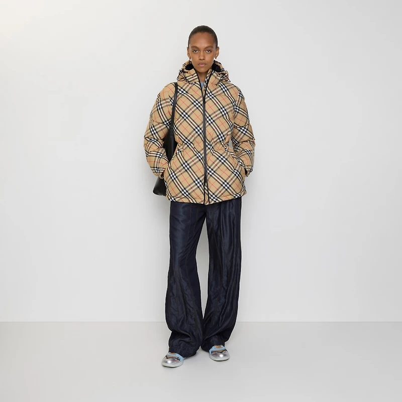 Check Nylon Hooded Puffer Jacket in Sand - Women | Burberry® Official