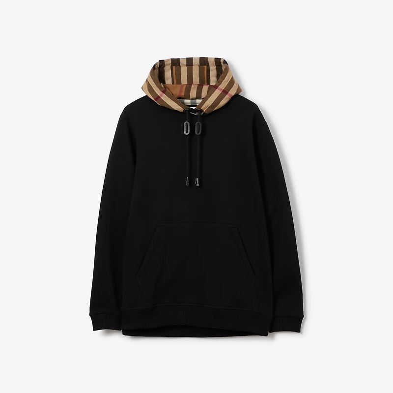 Check Hood Cotton Blend Hoodie in Black/birch brown - Men | Burberry® Official