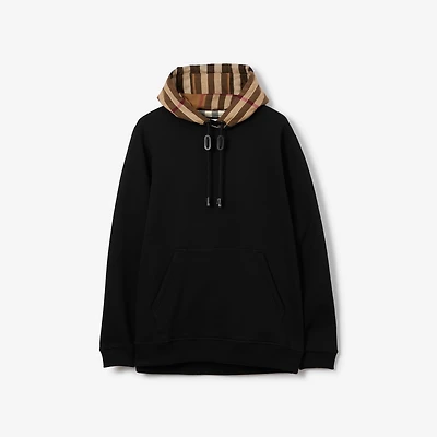 Check Hood Cotton Blend Hoodie in Black/birch brown - Men | Burberry® Official