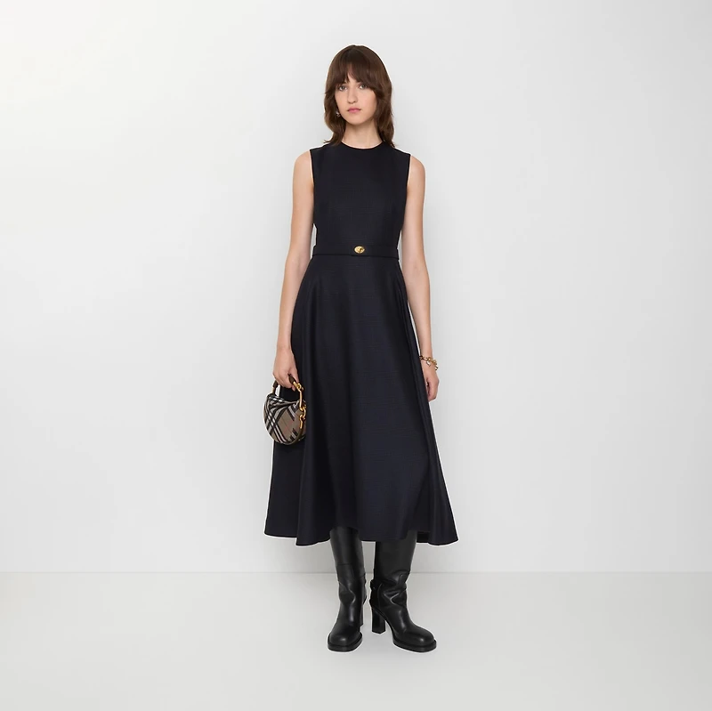 Belted Check Wool Dress in Navy blue - Women | Burberry® Official